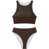 image:imageSUUKSESS Women High Waisted Bikini Sets High Neck Sporty Two Piece Swimsuits170 Beige Brown