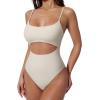 image:imageSUUKSESS Women Sexy Cut Out One Piece Swimsuit Tummy Control High Cut Bathing Suit182 Beige White