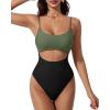 image:imageSUUKSESS Women Sexy Cut Out One Piece Swimsuit Tummy Control High Cut Bathing Suit182 Army Green Black