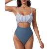 image:imageSUUKSESS Women Sexy Cut Out One Piece Swimsuit Tummy Control High Cut Bathing Suit182 Black Striped Blue
