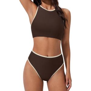 image:imageSUUKSESS Women High Waisted Bikini Sets High Neck Sporty Two Piece Swimsuits170 Beige Brown