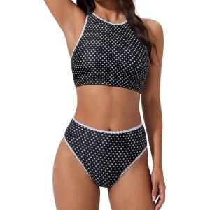 image:imageSUUKSESS Women High Waisted Bikini Sets High Neck Sporty Two Piece Swimsuits170 Black White Polka Dots