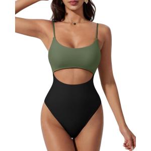 image:imageSUUKSESS Women Sexy Cut Out One Piece Swimsuit Tummy Control High Cut Bathing Suit182 Army Green Black