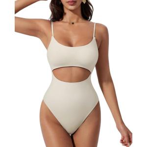 image:imageSUUKSESS Women Sexy Cut Out One Piece Swimsuit Tummy Control High Cut Bathing Suit182 Beige White