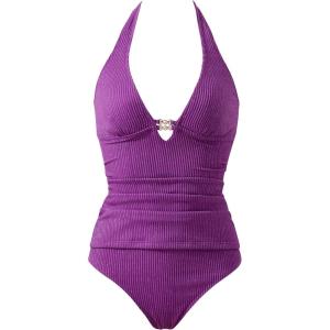 image:imageSUUKSESS Women Sexy Halter Tummy Control Tankini High Waisted Backless Swim SuitSliver Purple