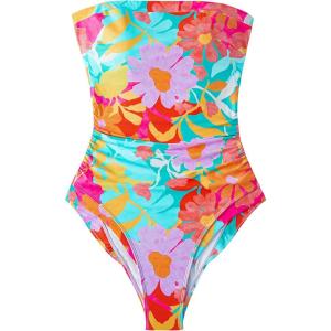 image:imageSUUKSESS Women One Piece Tummy Control Swimsuit Strapless Bandeau Bathing SuitColorful Floral