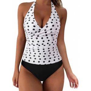 image:imageSUUKSESS Women Sexy Halter Tankini Bathing Suits Slimming Tummy Control High Waisted Swimsuits 2 Piece06 White Black Polka Dot