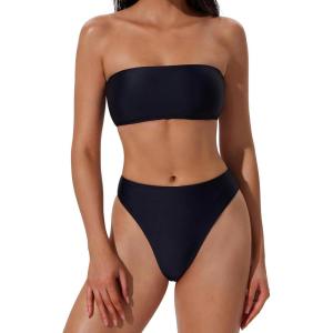 image:imageSUUKSESS Women Sexy High Waisted Bikini Set Cheeky 2 Piece Bandeau Bathing Suit205 BlackWhite