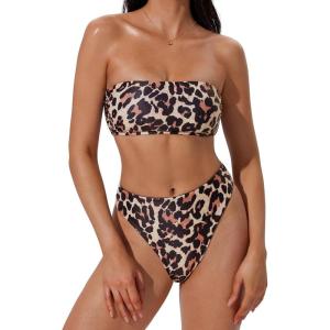 image:imageSUUKSESS Women Sexy High Waisted Bikini Set Cheeky 2 Piece Bandeau Bathing Suit205 LeopardBlack