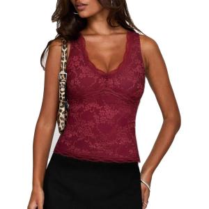 image:imageSUUKSESS Women Double Lined Lace V Neck Tank Top Summer Going Out Tops Sexy Trendy Shirts04 Wine