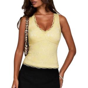 image:imageSUUKSESS Women Double Lined Lace V Neck Tank Top Summer Going Out Tops Sexy Trendy Shirts05 Yellow