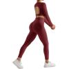 image:imageSUUKSESS 2 Piece Workout Sets for Women Long Sleeve Gym Sets Woman Butt Lifting Leggings Open Back Crop Tops2 Wine Red