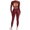image:imageSUUKSESS 2 Piece Workout Sets for Women Long Sleeve Gym Sets Woman Butt Lifting Leggings Open Back Crop Tops2 Wine Red