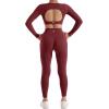 image:imageSUUKSESS 2 Piece Workout Sets for Women Long Sleeve Gym Sets Woman Butt Lifting Leggings Open Back Crop Tops2 Wine Red