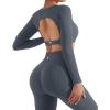 image:imageSUUKSESS 2 Piece Workout Sets for Women Long Sleeve Gym Sets Woman Butt Lifting Leggings Open Back Crop Tops2 Dark Grey