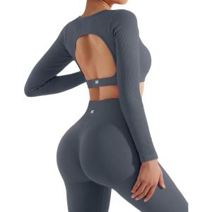 image:imageSUUKSESS 2 Piece Workout Sets for Women Long Sleeve Gym Sets Woman Butt Lifting Leggings Open Back Crop Tops2 Dark Grey