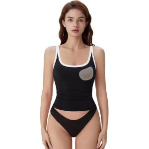 image:imageSUUKSESS Women Built in Bra Scoop Neck Tank Tops Double Lined Summer Going Out Camisole TopsBlack White