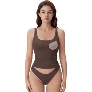 image:imageSUUKSESS Women Built in Bra Scoop Neck Tank Tops Double Lined Summer Going Out Camisole TopsBrown