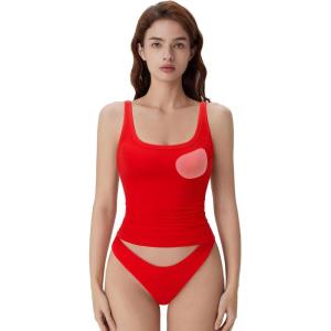 image:imageSUUKSESS Women Built in Bra Scoop Neck Tank Tops Double Lined Summer Going Out Camisole TopsRed
