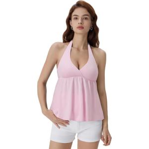 image:imageSUUKSESS Women Padded Halter Babydoll Tops Summer Backless Peplum Tank Tops Cute Flowy Going Out TopsPink