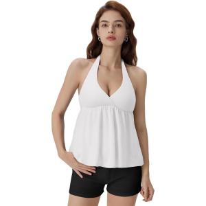 image:imageSUUKSESS Women Padded Halter Babydoll Tops Summer Backless Peplum Tank Tops Cute Flowy Going Out TopsWhite