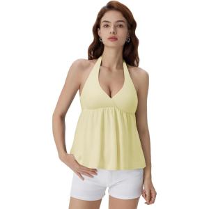 image:imageSUUKSESS Women Padded Halter Babydoll Tops Summer Backless Peplum Tank Tops Cute Flowy Going Out TopsYellow