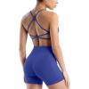 image:imageSUUKSESS 2 Piece Workout Sets for Women Open Back Sports Bra High Waist Biker Shorts with Pockets Scrunch Booty Lift Gym SetsBlue