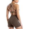 image:imageSUUKSESS 2 Piece Workout Sets for Women Open Back Sports Bra High Waist Biker Shorts with Pockets Scrunch Booty Lift Gym SetsBrown
