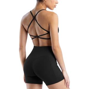 image:imageSUUKSESS 2 Piece Workout Sets for Women Open Back Sports Bra High Waist Biker Shorts with Pockets Scrunch Booty Lift Gym SetsBlack