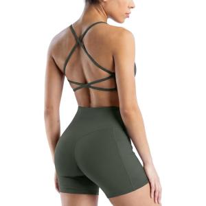 image:imageSUUKSESS 2 Piece Workout Sets for Women Open Back Sports Bra High Waist Biker Shorts with Pockets Scrunch Booty Lift Gym SetsGraygreen