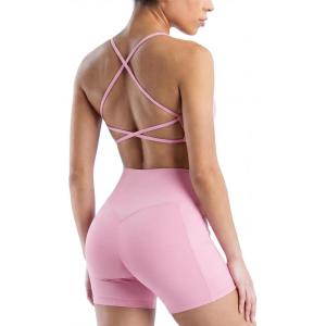 image:imageSUUKSESS 2 Piece Workout Sets for Women Open Back Sports Bra High Waist Biker Shorts with Pockets Scrunch Booty Lift Gym SetsLight Pinkdouble Lined