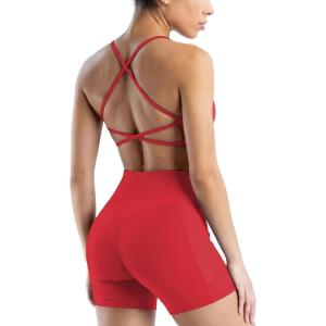 image:imageSUUKSESS 2 Piece Workout Sets for Women Open Back Sports Bra High Waist Biker Shorts with Pockets Scrunch Booty Lift Gym SetsRed