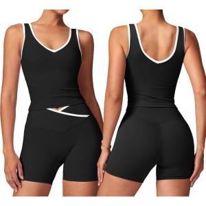 image:imageSUUKSESS Women 2 Piece Workout Sets Built in Bra Yoga Tank Top High Waisted Tummy Control Biker ShortsBlack