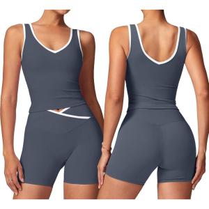 image:imageSUUKSESS Women 2 Piece Workout Sets Built in Bra Yoga Tank Top High Waisted Tummy Control Biker ShortsDark Blue