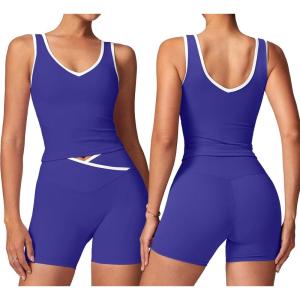 image:imageSUUKSESS Women 2 Piece Workout Sets Built in Bra Yoga Tank Top High Waisted Tummy Control Biker ShortsPeacock Blue