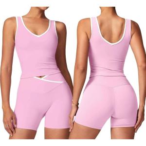 image:imageSUUKSESS Women 2 Piece Workout Sets Built in Bra Yoga Tank Top High Waisted Tummy Control Biker ShortsPink