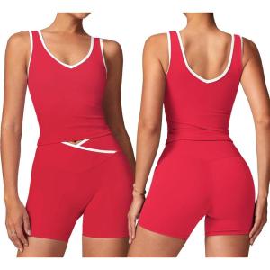 image:imageSUUKSESS Women 2 Piece Workout Sets Built in Bra Yoga Tank Top High Waisted Tummy Control Biker ShortsRed