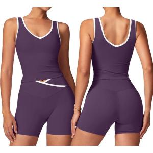 image:imageSUUKSESS Women 2 Piece Workout Sets Built in Bra Yoga Tank Top High Waisted Tummy Control Biker ShortsViolet