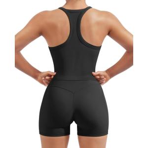 image:imageSUUKSESS Women 2 Piece Workout Sets High Waisted Biker Shorts with Pockets Built in bra Racerback Tank TopsBlack