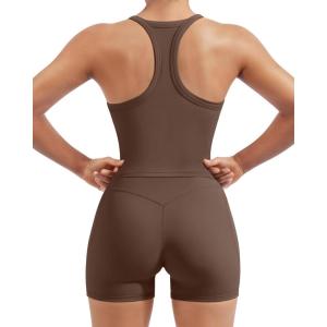image:imageSUUKSESS Women 2 Piece Workout Sets High Waisted Biker Shorts with Pockets Built in bra Racerback Tank TopsBrown