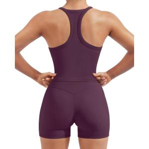 image:imageSUUKSESS Women 2 Piece Workout Sets High Waisted Biker Shorts with Pockets Built in bra Racerback Tank TopsDeep Purple