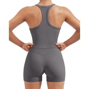 image:imageSUUKSESS Women 2 Piece Workout Sets High Waisted Biker Shorts with Pockets Built in bra Racerback Tank TopsGray