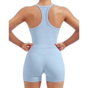 image:imageSUUKSESS Women 2 Piece Workout Sets High Waisted Biker Shorts with Pockets Built in bra Racerback Tank TopsLight Blue