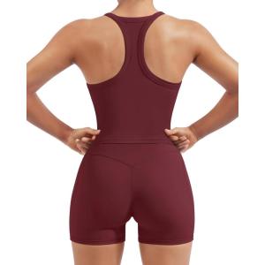 image:imageSUUKSESS Women 2 Piece Workout Sets High Waisted Biker Shorts with Pockets Built in bra Racerback Tank TopsWine Red
