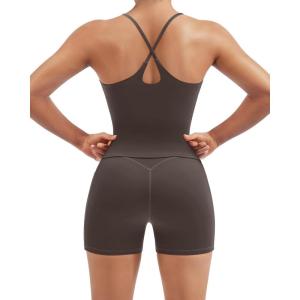image:imageSUUKSESS Women 2 Piece Workout Sets Padded Gym Yoga Tank Top High Waisted Biker Shorts with PocketsBrown