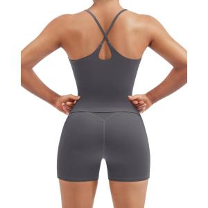 image:imageSUUKSESS Women 2 Piece Workout Sets Padded Gym Yoga Tank Top High Waisted Biker Shorts with PocketsDark Grey