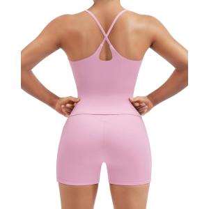 image:imageSUUKSESS Women 2 Piece Workout Sets Padded Gym Yoga Tank Top High Waisted Biker Shorts with PocketsLight Pinkdouble Lined