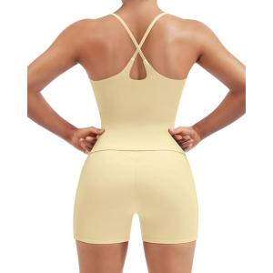 image:imageSUUKSESS Women 2 Piece Workout Sets Padded Gym Yoga Tank Top High Waisted Biker Shorts with PocketsYellowdouble Lined