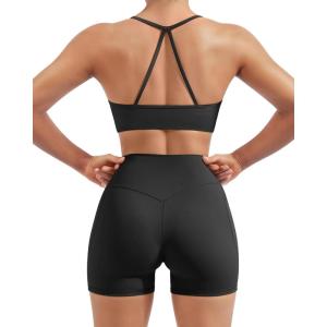image:imageSUUKSESS Women 2 Piece Workout Sets Padded Halter Sports Bras High Waisted Biker Shorts with PocketsBlack