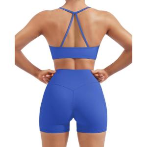 image:imageSUUKSESS Women 2 Piece Workout Sets Padded Halter Sports Bras High Waisted Biker Shorts with PocketsBlue